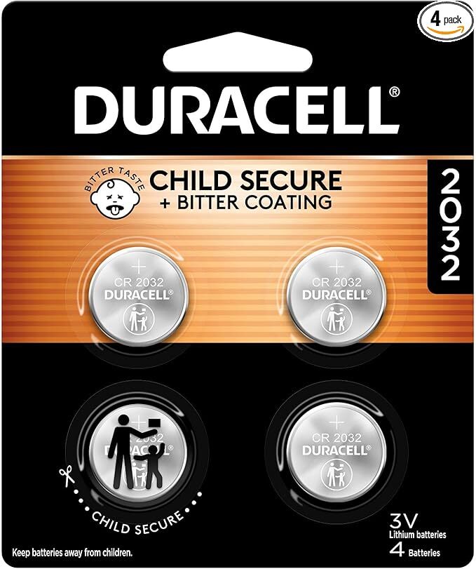 Duracell 2032 Lithium Battery. 4 Count Pack. Child Safety Features. Compatible
