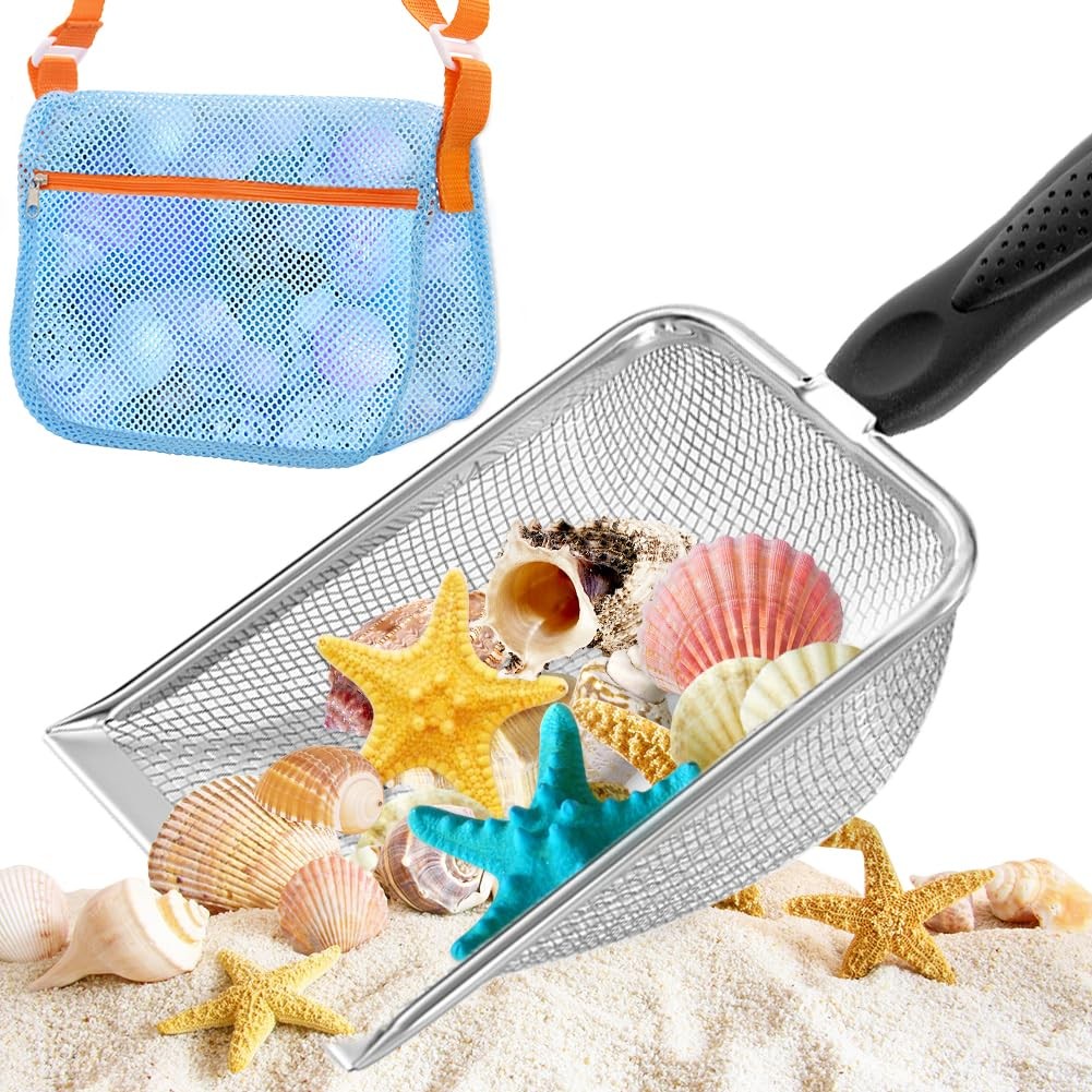 Beach Mesh Shovel and Shell Bag Set, Kids Sand Filter Scooper Toys – 10 inch