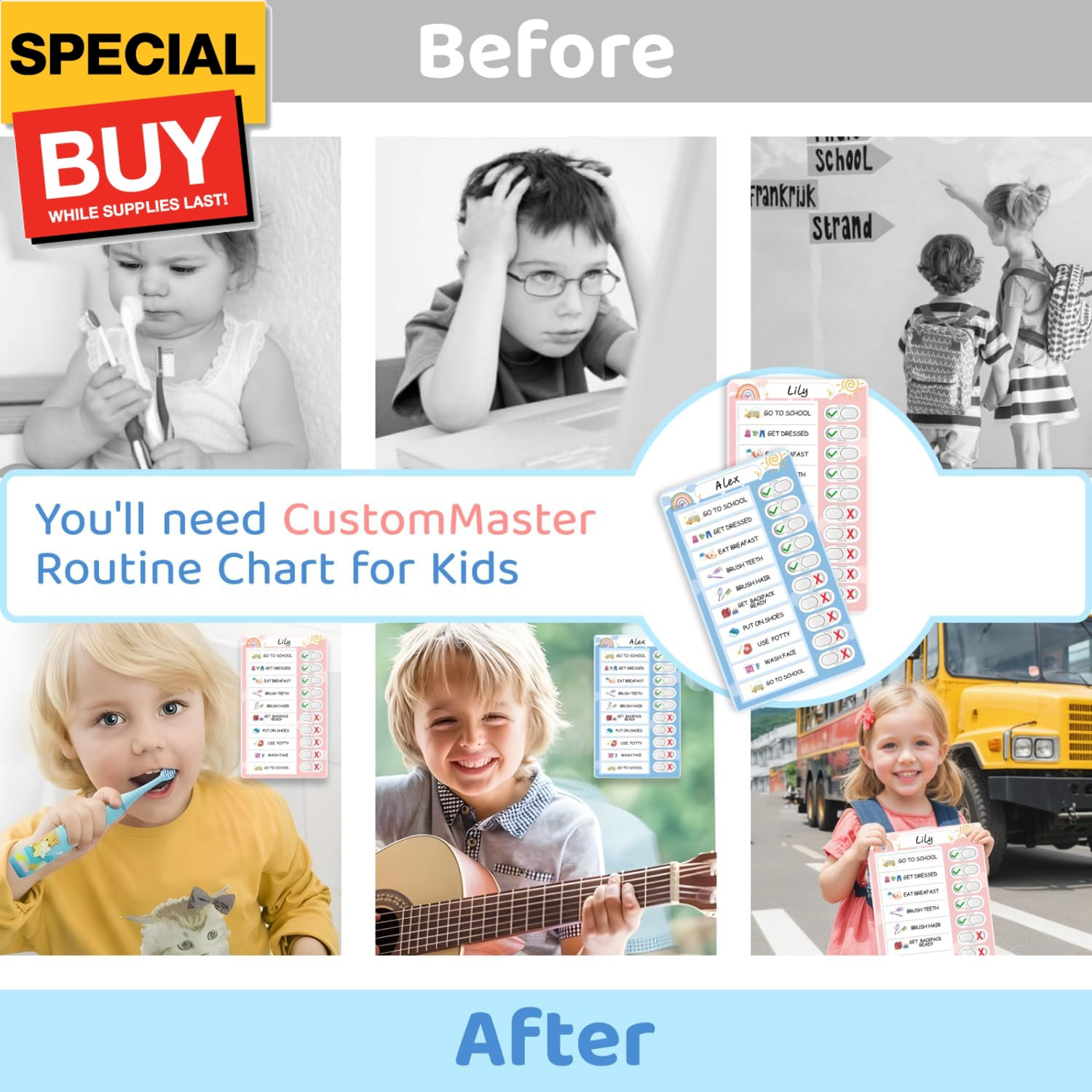 2 in 1 Namable Chore Chart for Kids, Dry Erase Morning/Bedtime Routine Chart for