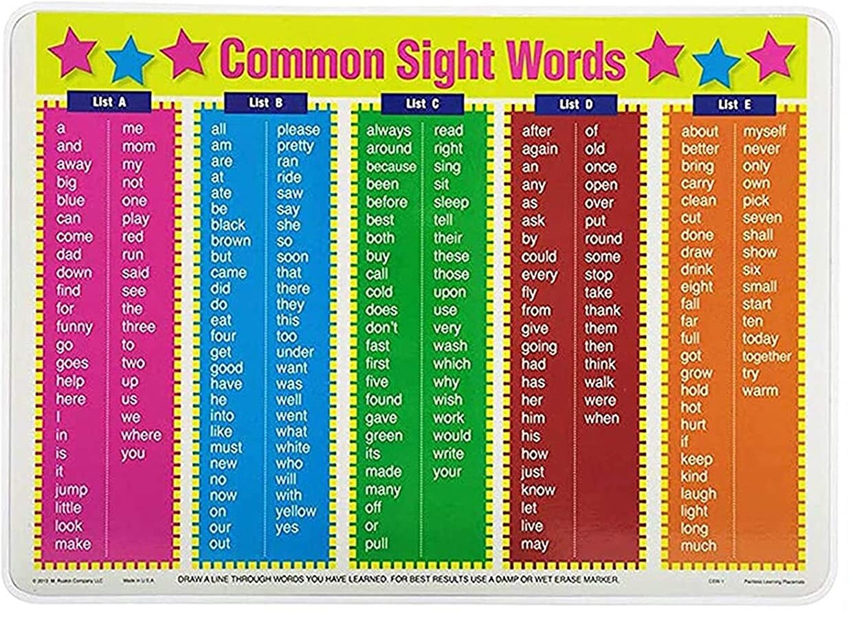 Sight Words Picture Placemat Childrens Educational Painless Learning Toddler Mat