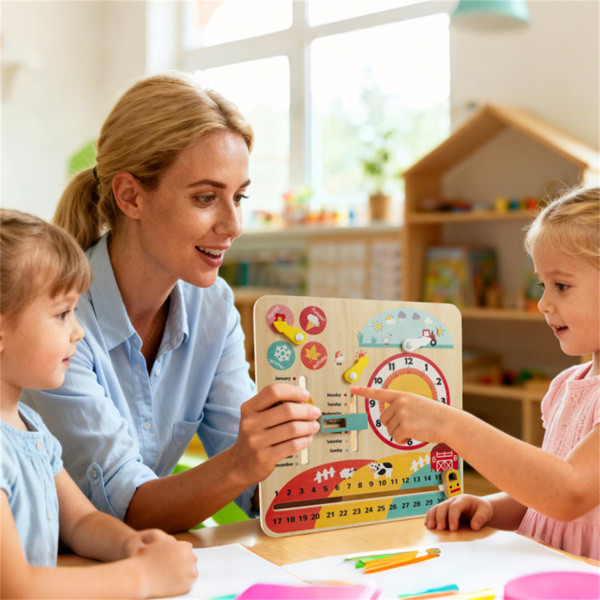 Wooden Kids Calendar & Clock Learning Board Montessori Educational Weather Toy