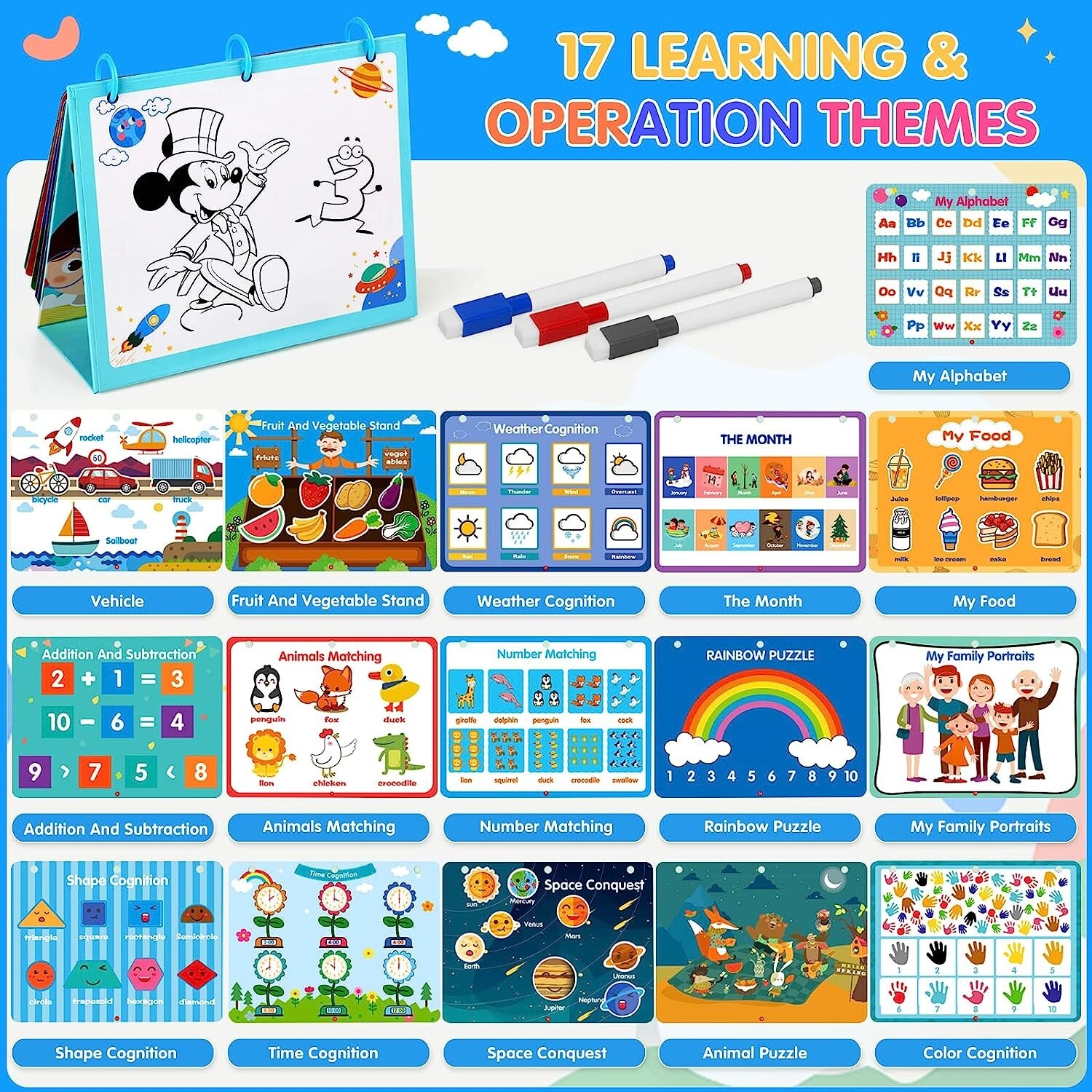 Busy Book for Kids, Preschool Workbook Activity Binder, 17 Themes with 3 Markers