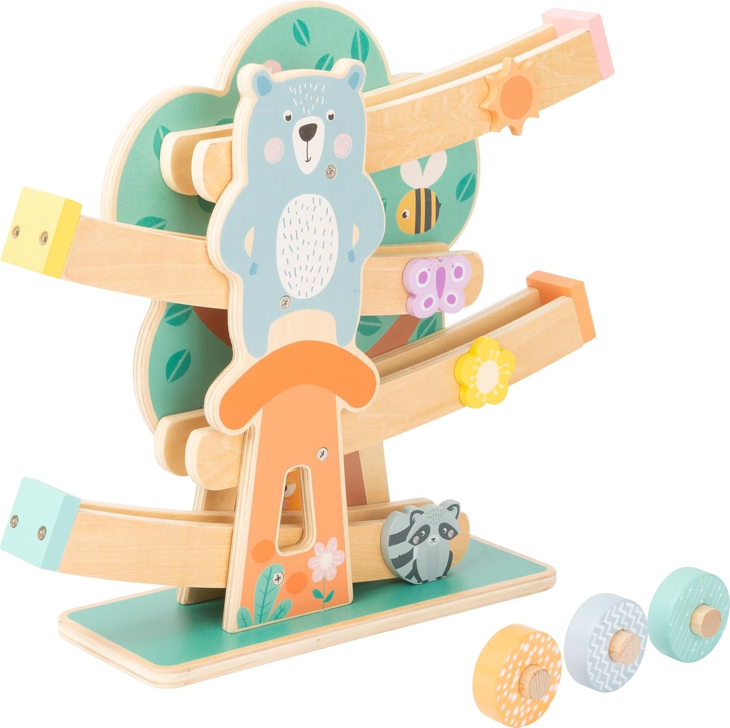 Small Foot 11473 Wooden Marble Run, on 3 wheels and including animals and flower