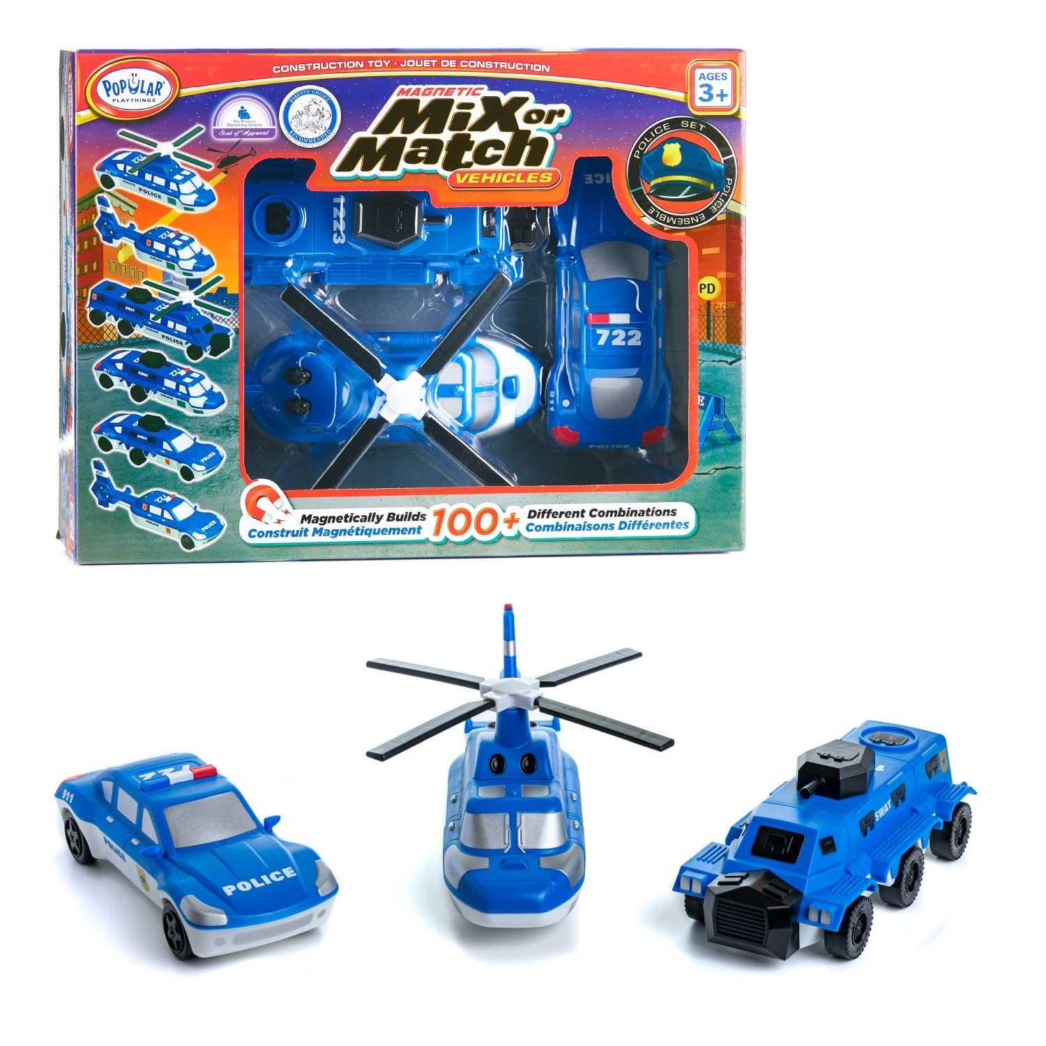 Mix and Match Police Vehicles Magnetic Toy Set for Kids Ages 3 and Up