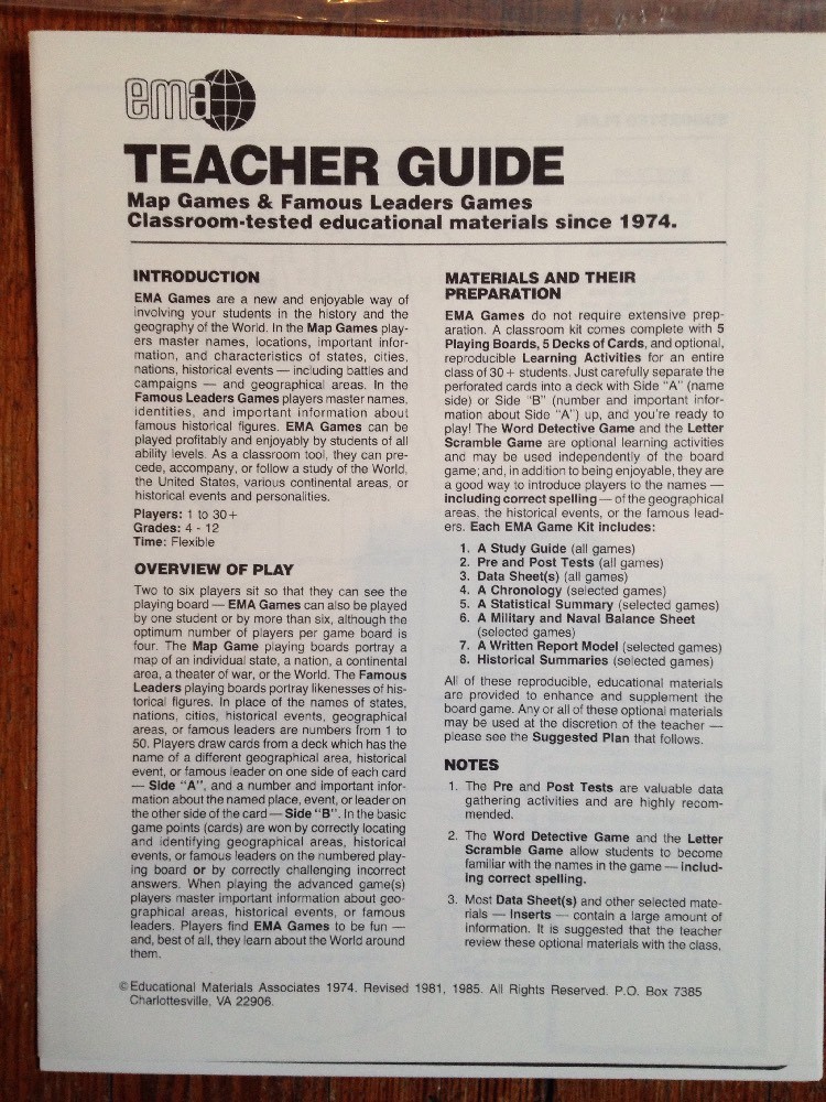 US Maps Learning Games EMA 1985 Gr 4-12 LOT Of 2 Major Cities School