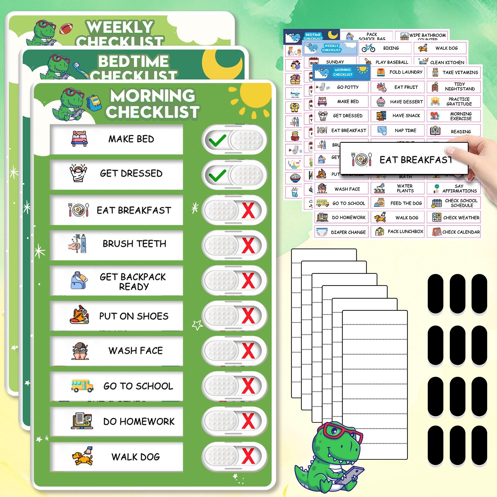 3-in-1 Magnetic Kids Routine Chart – Bedtime, Morning & Weekly Schedule with Sti