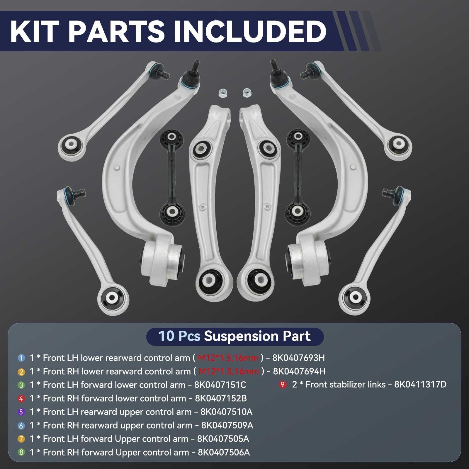 Front Lower Upper Control Arm Compatible With 2009-2010 Audi Silver