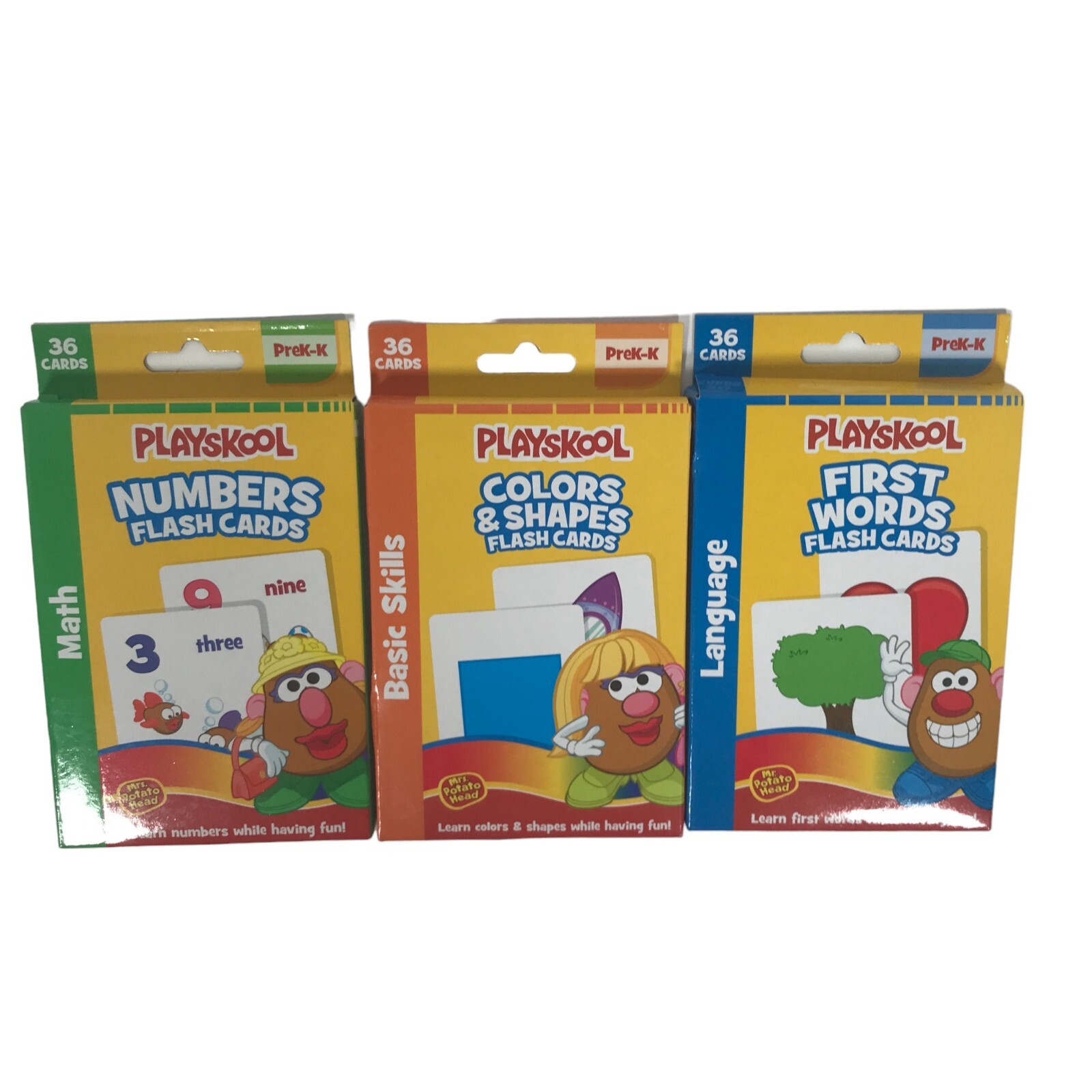Playskool PreK-K First Words/Colors & Shapes/Numbers Flash Cards 3×36 Cards