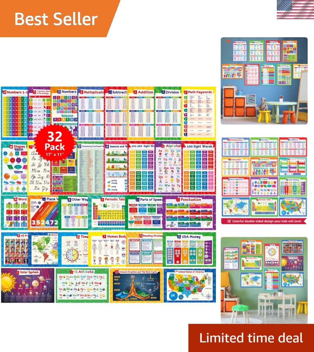 32 Educational Posters for Kids: Multiplication, Solar System, World Maps & More
