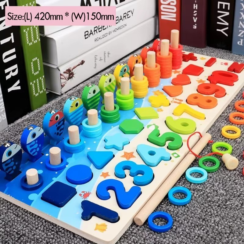 Montessori Wooden Educational Toy Board Kids Number Letter Shape Matching Fishin