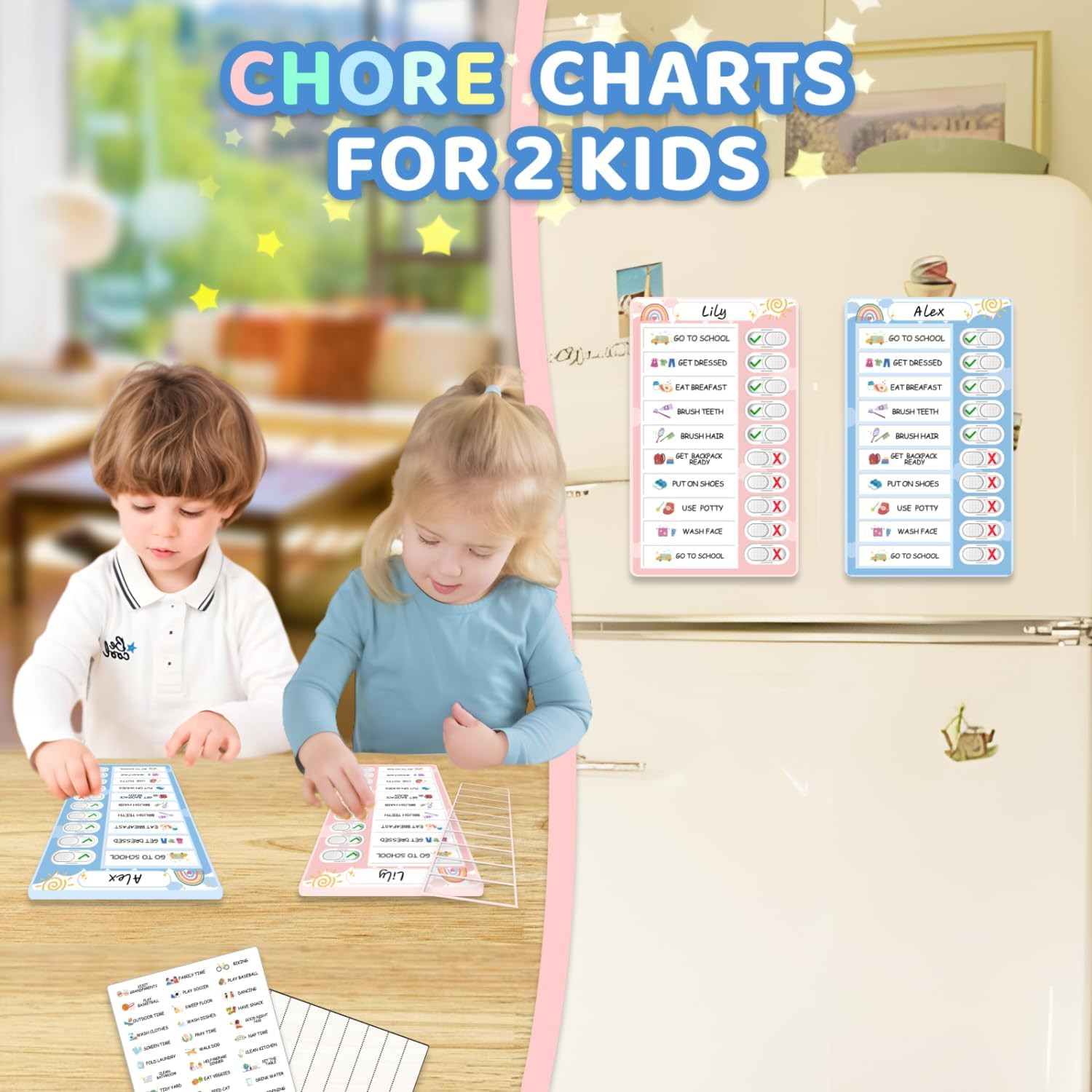 2 in 1 Namable Chore Chart for Kids, Dry Erase Morning/Bedtime Routine Chart for