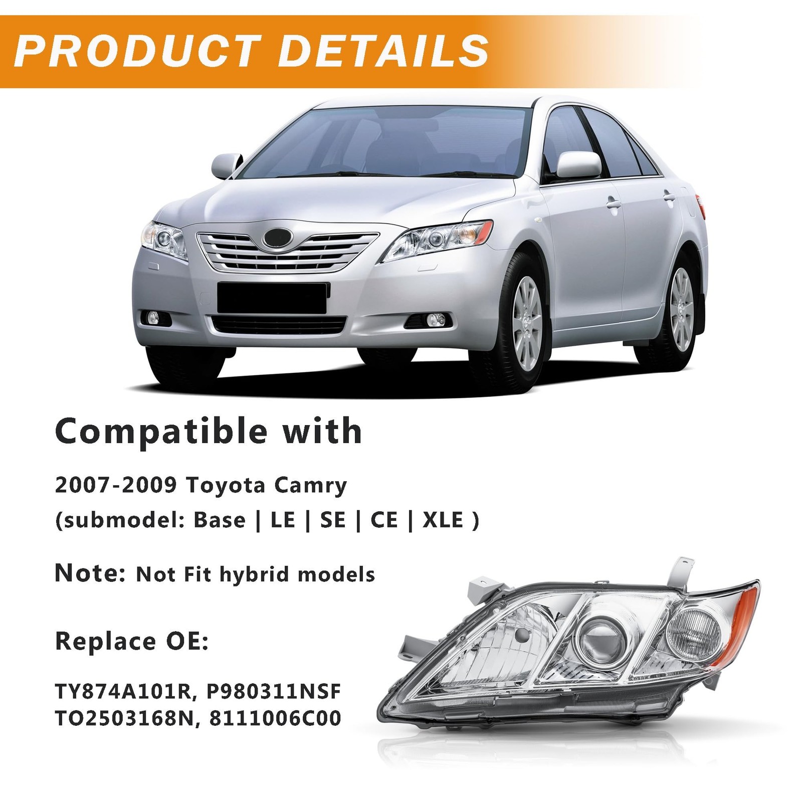 Headlight Assembly for 2007 2008 2009 Toyota Camry (USA Built) LE XLE CE | Dr…