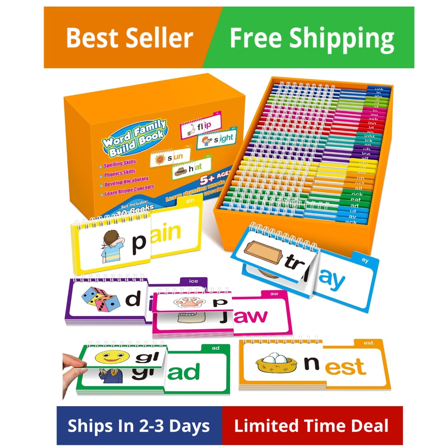 Phonics Flash Cards Word Family Build Book,Learn to Read 30 Read and Rhyme Fl…