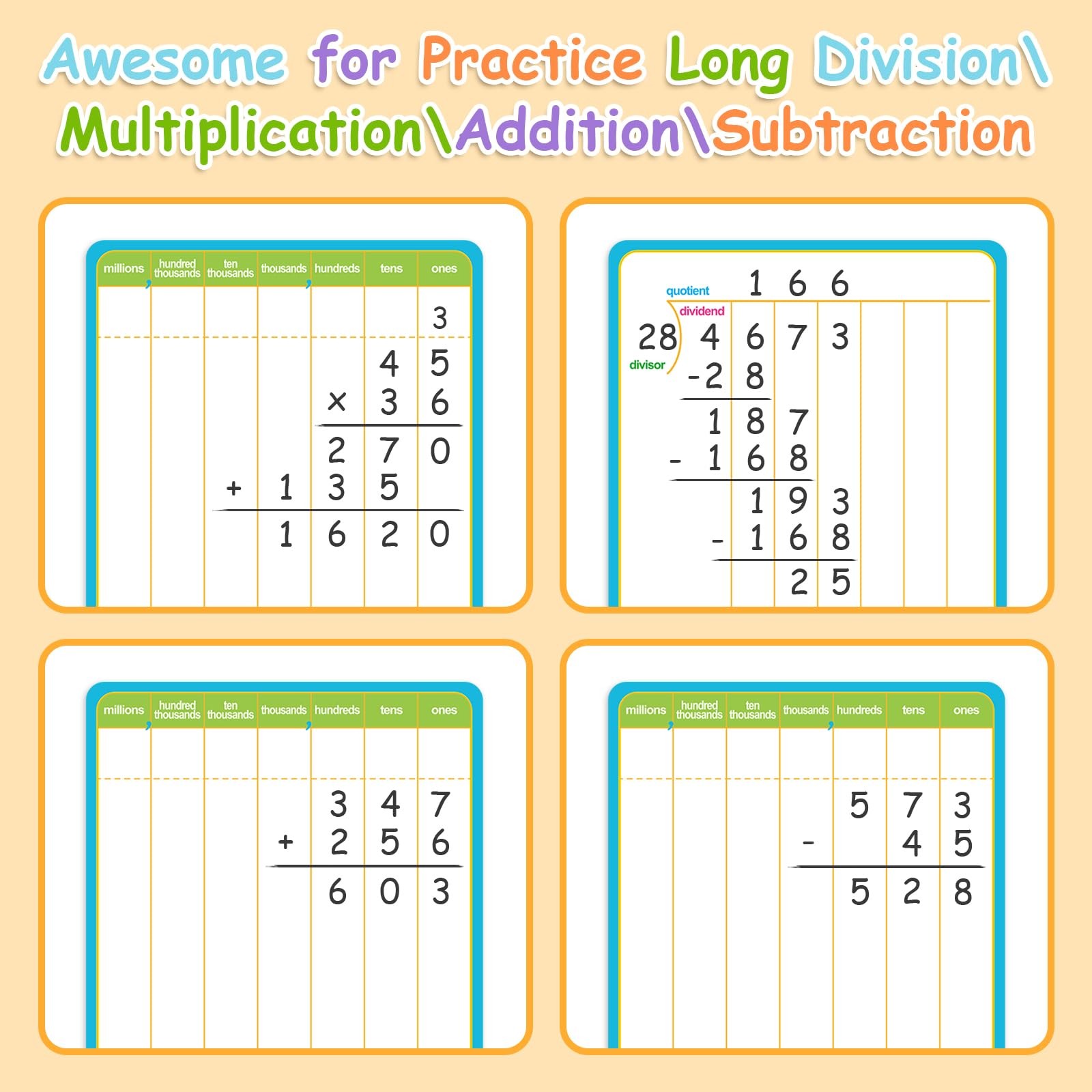 12 Pack Long Division Dry Erase Card Chart,12″ x 9″ Multiplication Flash Card…