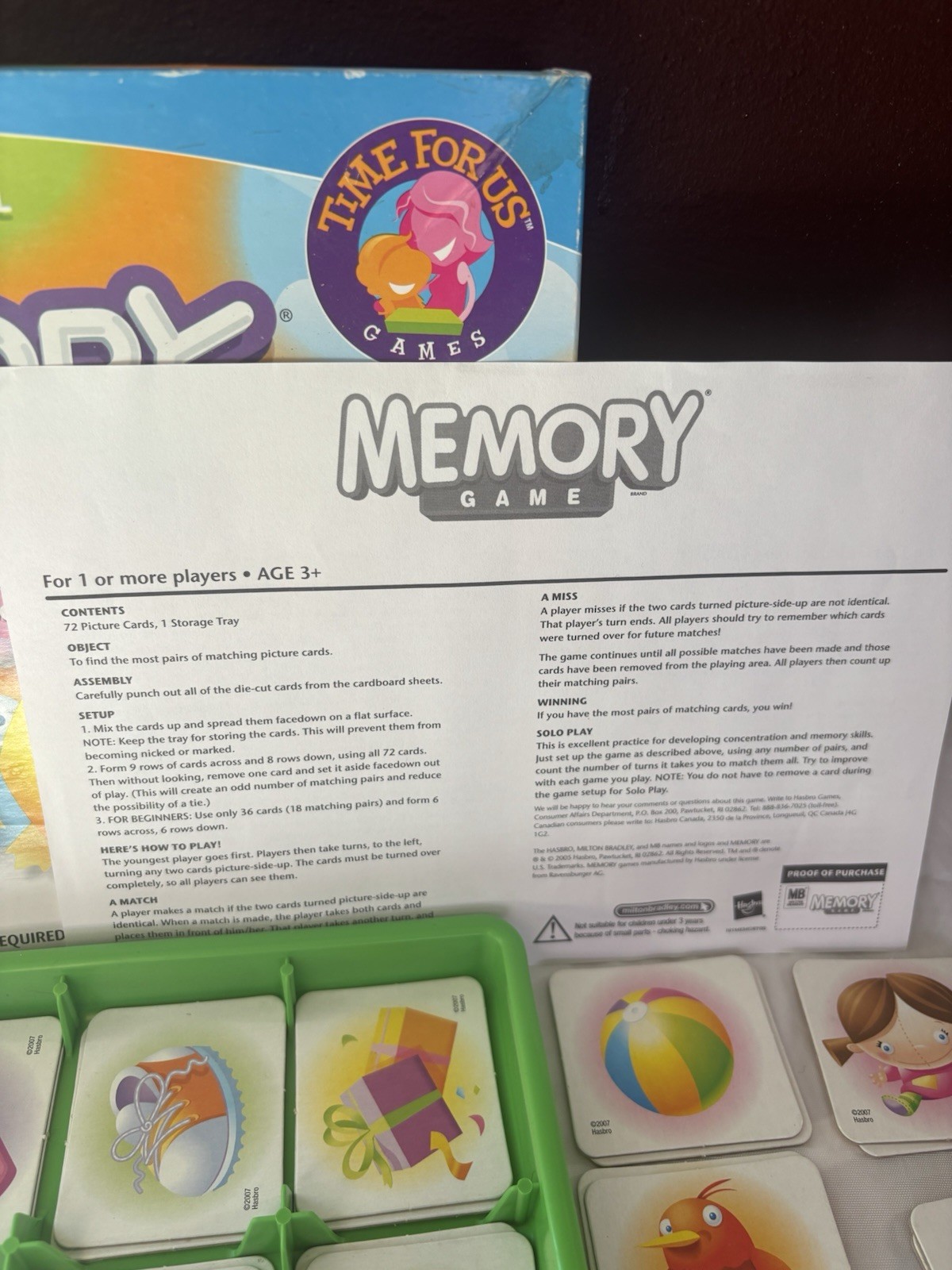 Original Memory Game Hasbro 2007 Complete With 72 Picture Cards And Instructions