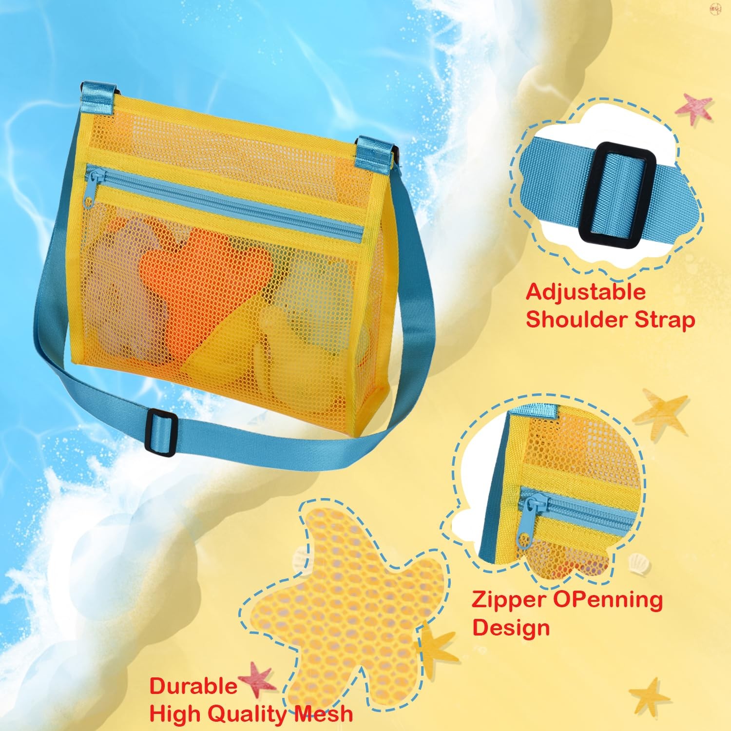 Beach Toys for Kids Sand Sifter Shovel with Mesh Beach Bag, Detachable Shell Sco