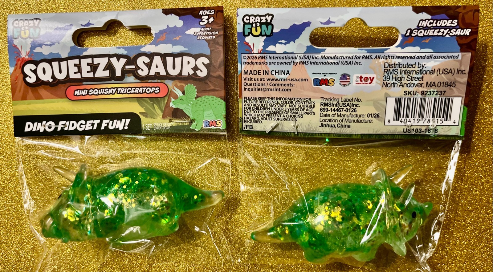 RMS CRAZY FUN GREEN GLITTER DINO SQUEEZY-SAURS TRICERATOPS
