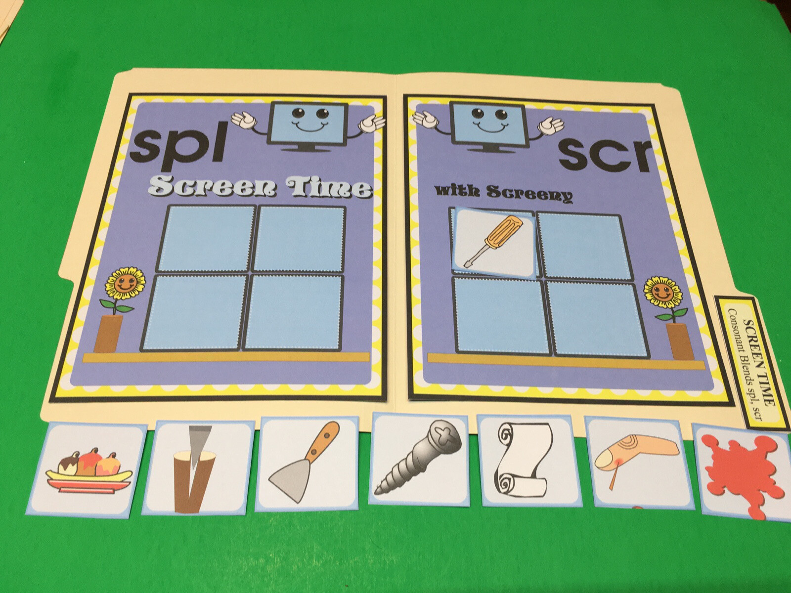 Screen Time – Phonics Spl / Scr – DIY File Folder game – Printed / Uncut