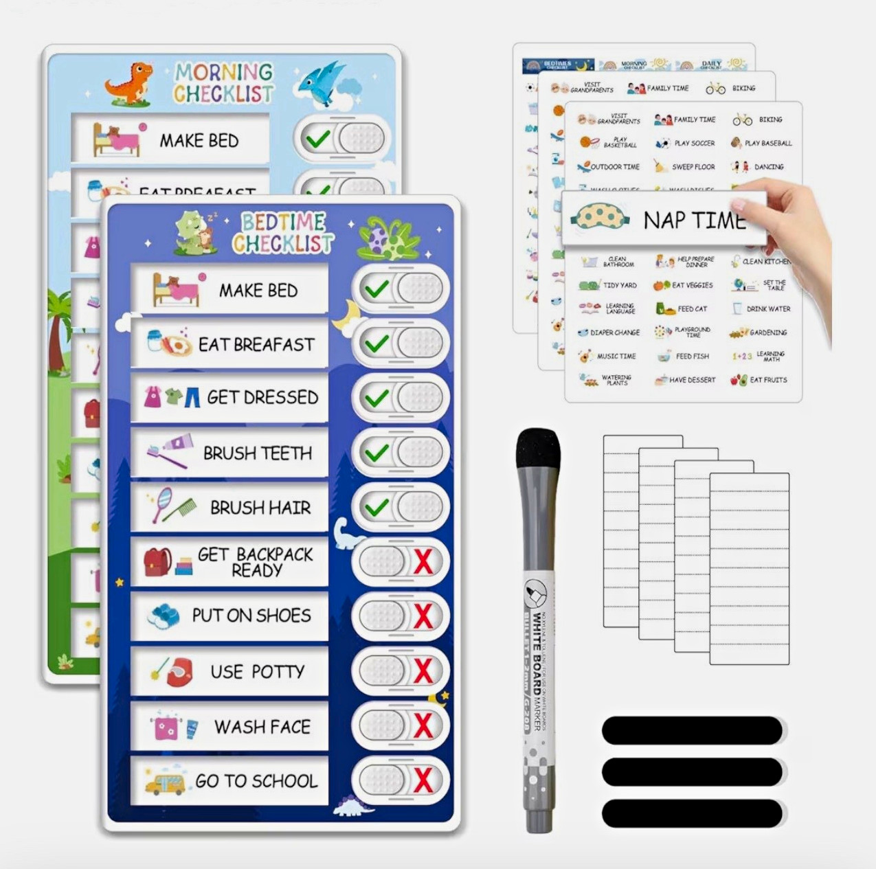 2-in-1 Morning & Bedtime Routine Magnetic Chore Chart Checklist Set w/ Marker