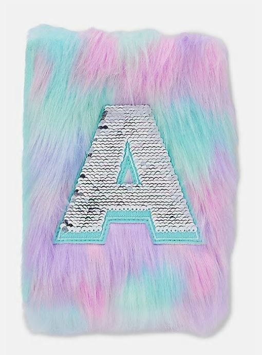 Justice Girl Faux Fur Fluffy Flip Sequins Diary Journal Writing Notebook Initial