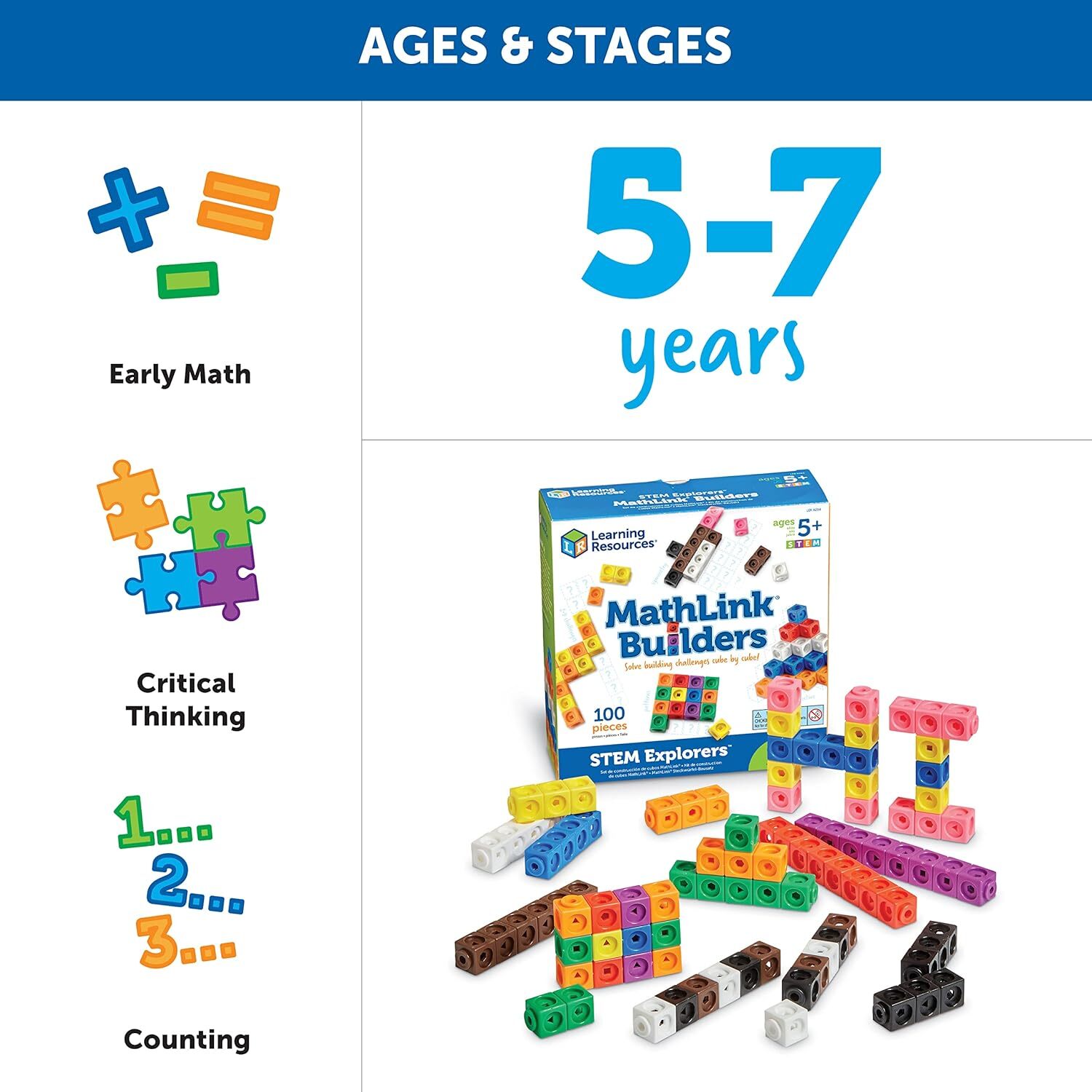 Learning Resources STEM Explorers MathLink Builders – 100 Pieces, Ages 5+
