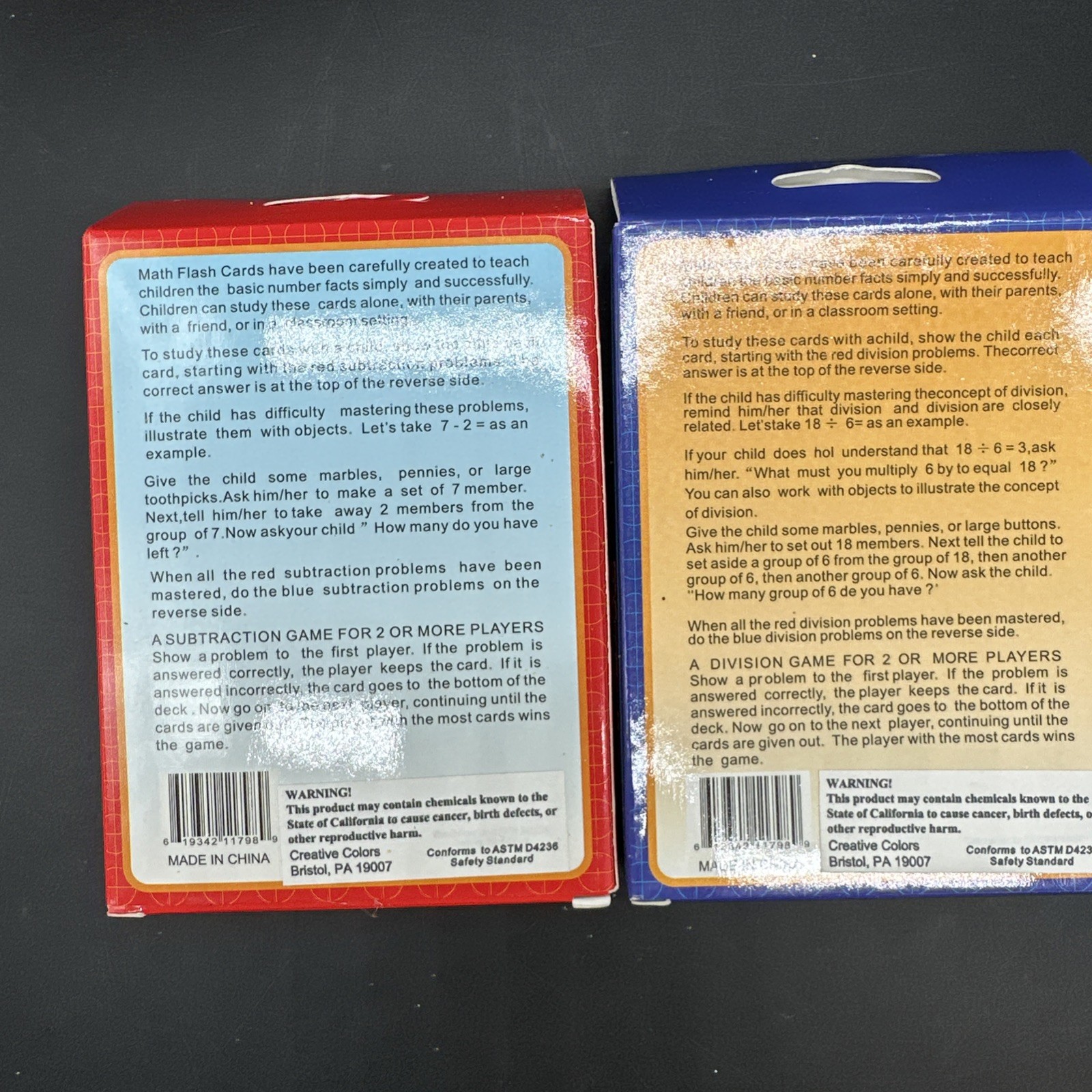 Set of 2 Learning Flash Cards Subtraction /Division Numbers Math Educational !