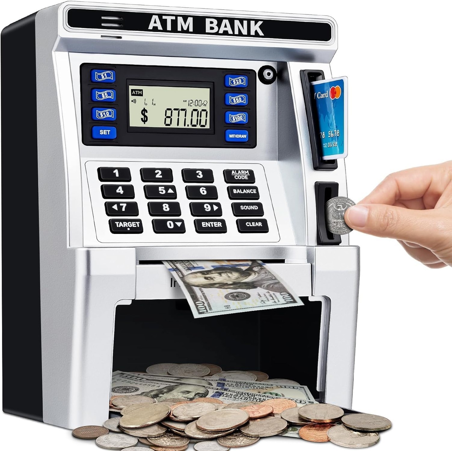 ATM Piggy Bank for Kids, ATM Machine for Real Money with Debit Card, Bill Fee…