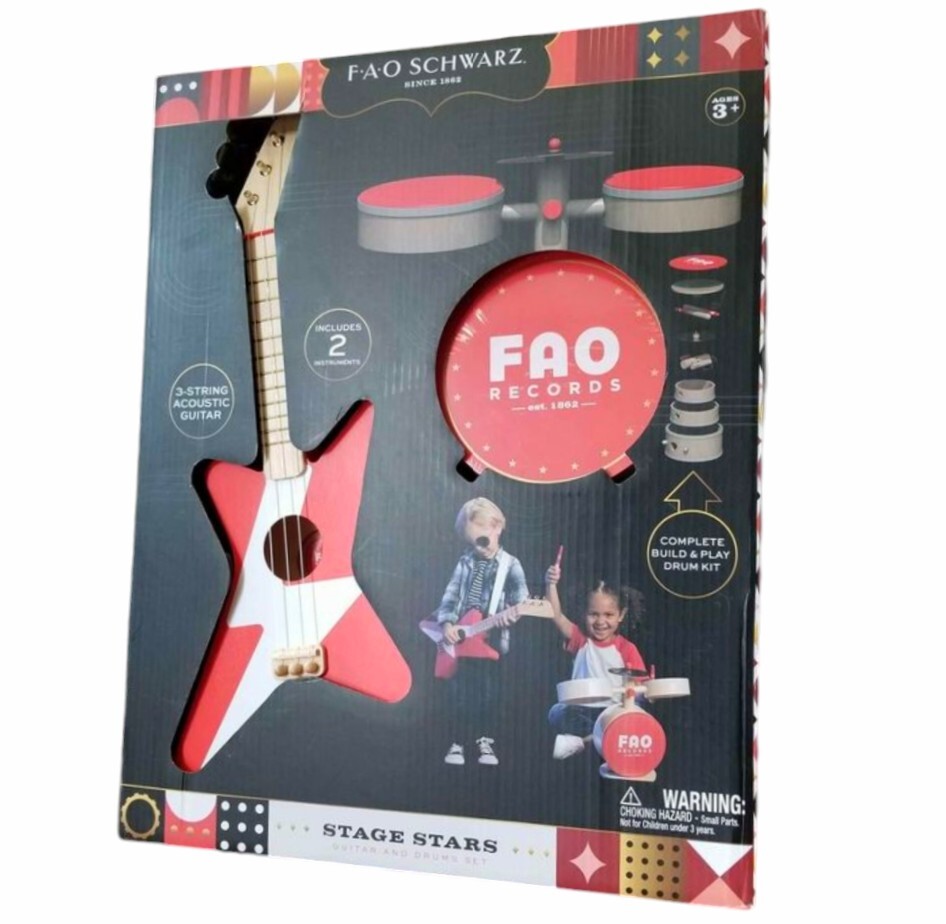 FAO Schwarz F.A.O. Records Stage Stars Toy Wood Rockstar Guitar & Drum Set – 2pk