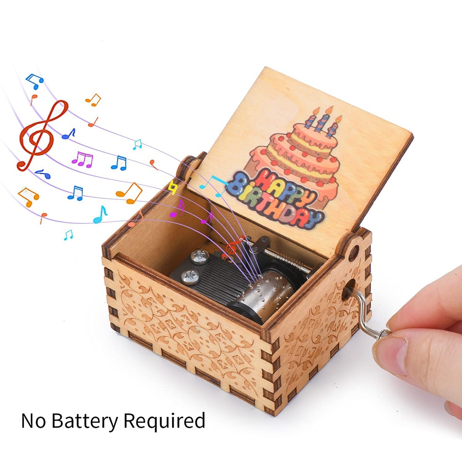 Wood Music Box, Wooden Hand Crank Musical Instrument with Melody Happy Birthd…