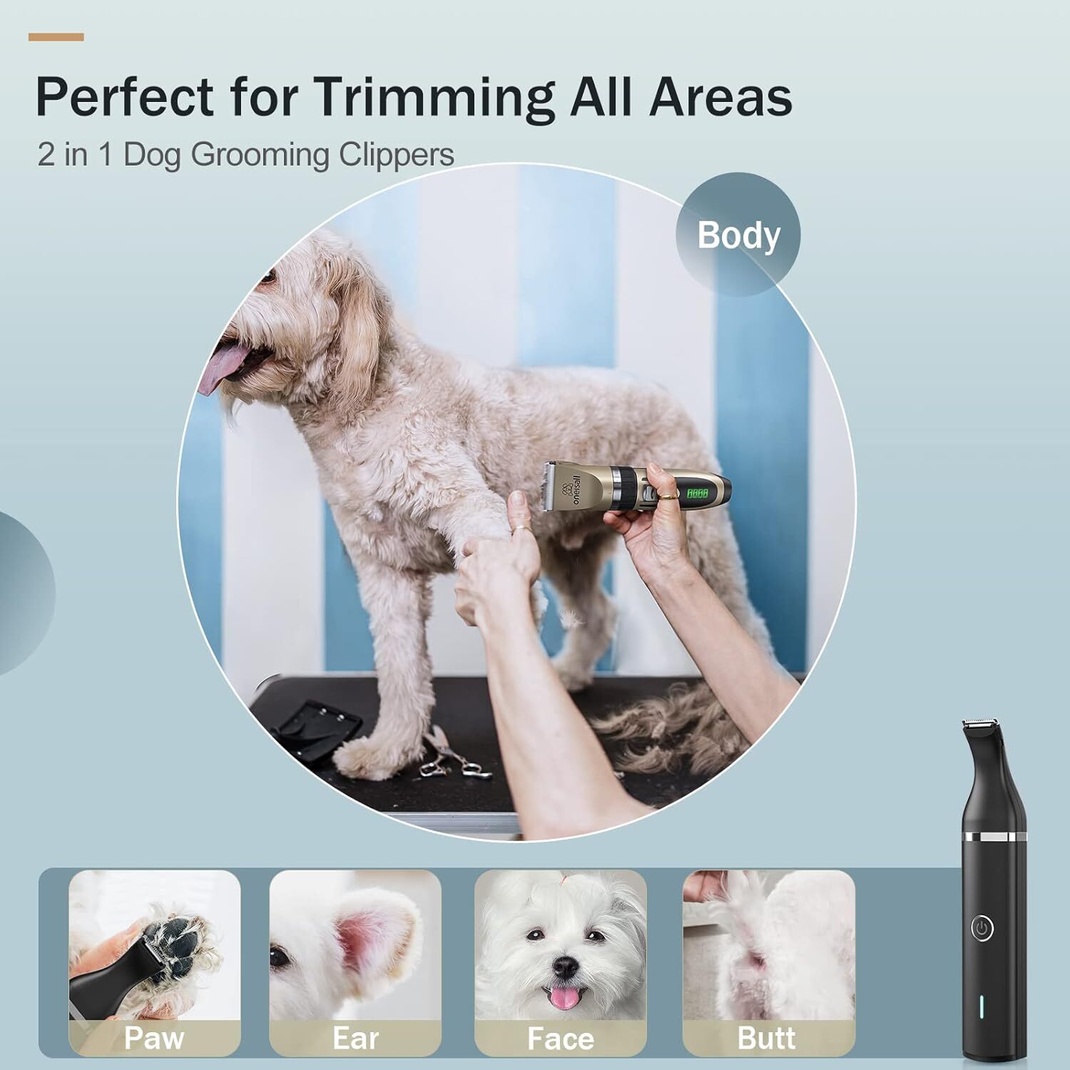 oneisall Dog Grooming Clippers and Paw Trimmer Kit 2 in 1 Quiet Cordless Dog