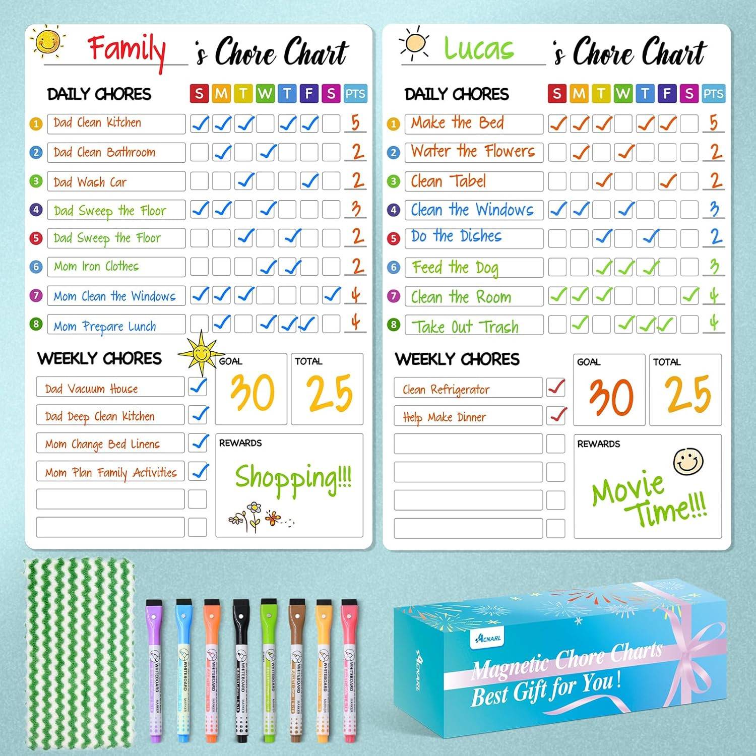 Chore Chart for Kids with 8 Markers, 2 Pack 8″x12″ Dry Erase Chore Chart for Mul