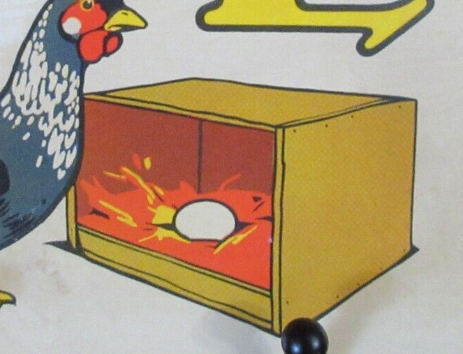 Vintage “E” FLASH Card GRAY CHICKEN & EGG in Laying Box Cardboard 4.5″ x 6.5″