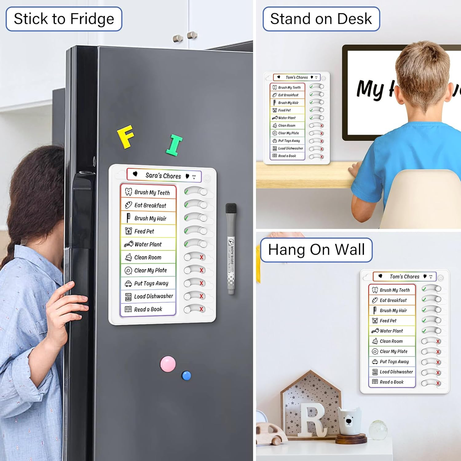 Kids Dry Erase Chore Chart for Fridge with 10 Sliders Magnetic Marker White