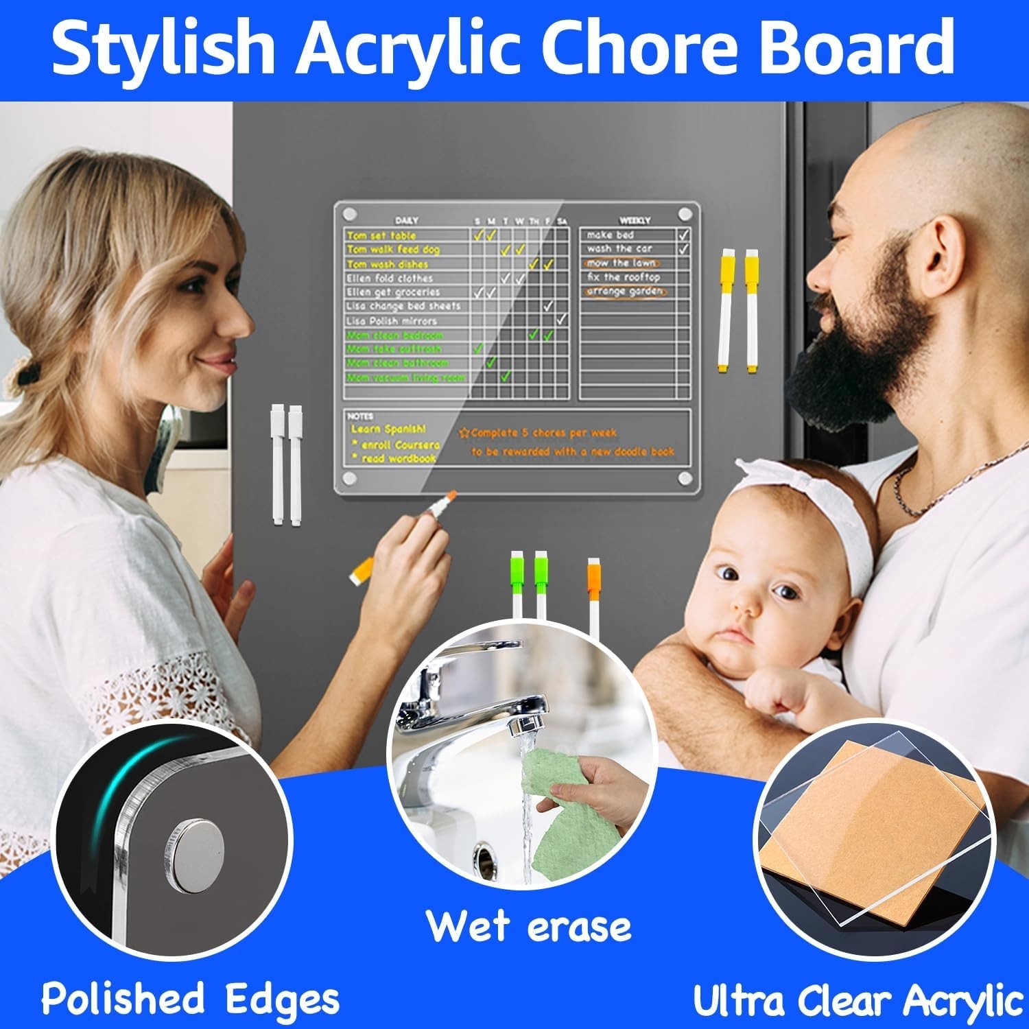 Family-Friendly 12’x9.5′ Magnetic Chore Board with Vibrant Markers & Towel
