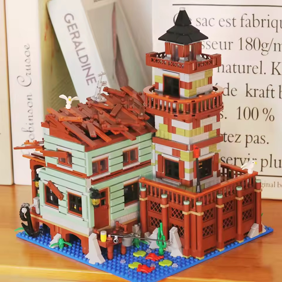 1881PCS Creative Fishing Village Cabin Building Blocks Seaport Wood House Assemb