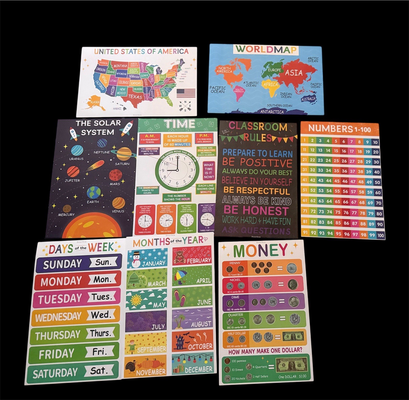 9 Educational Preschool Posters for Toddlers & Kids with Double Sided Tape Dots.