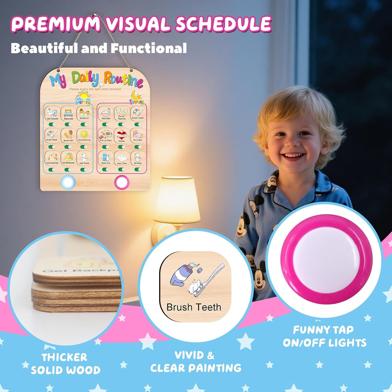 Daily Routine Chart for Toddlers, 2 in 1 Morning Bedtime Routine Checklist Chart