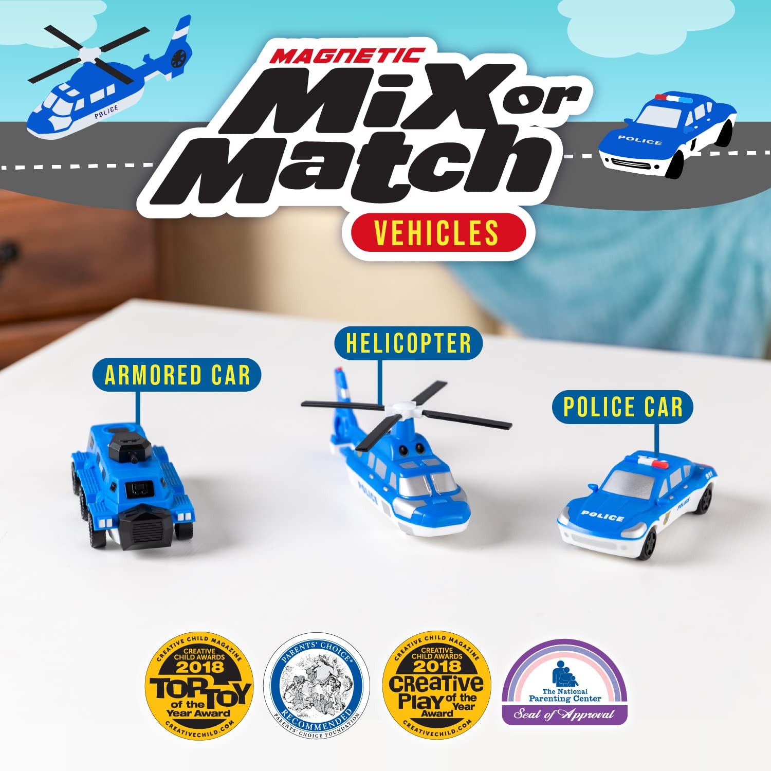 Mix and Match Police Vehicles Magnetic Toy Set for Kids Ages 3 and Up