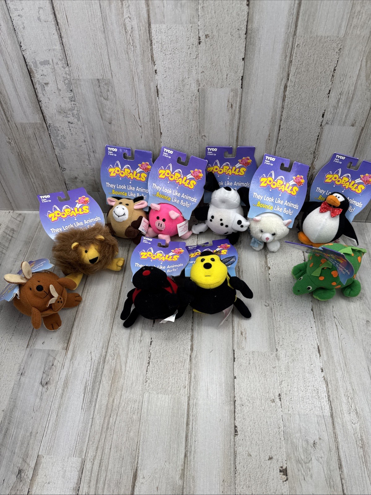 Assorted 1996 Tyco ZOOBALLS Lion Kangaroo Cow Dinosaur Bee Penguin Dog Pig Cat