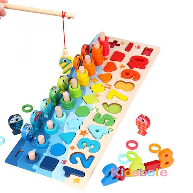 Kids Montessori Maths Wooden Puzzles Toddlers Counting Shapes Sorting Board
