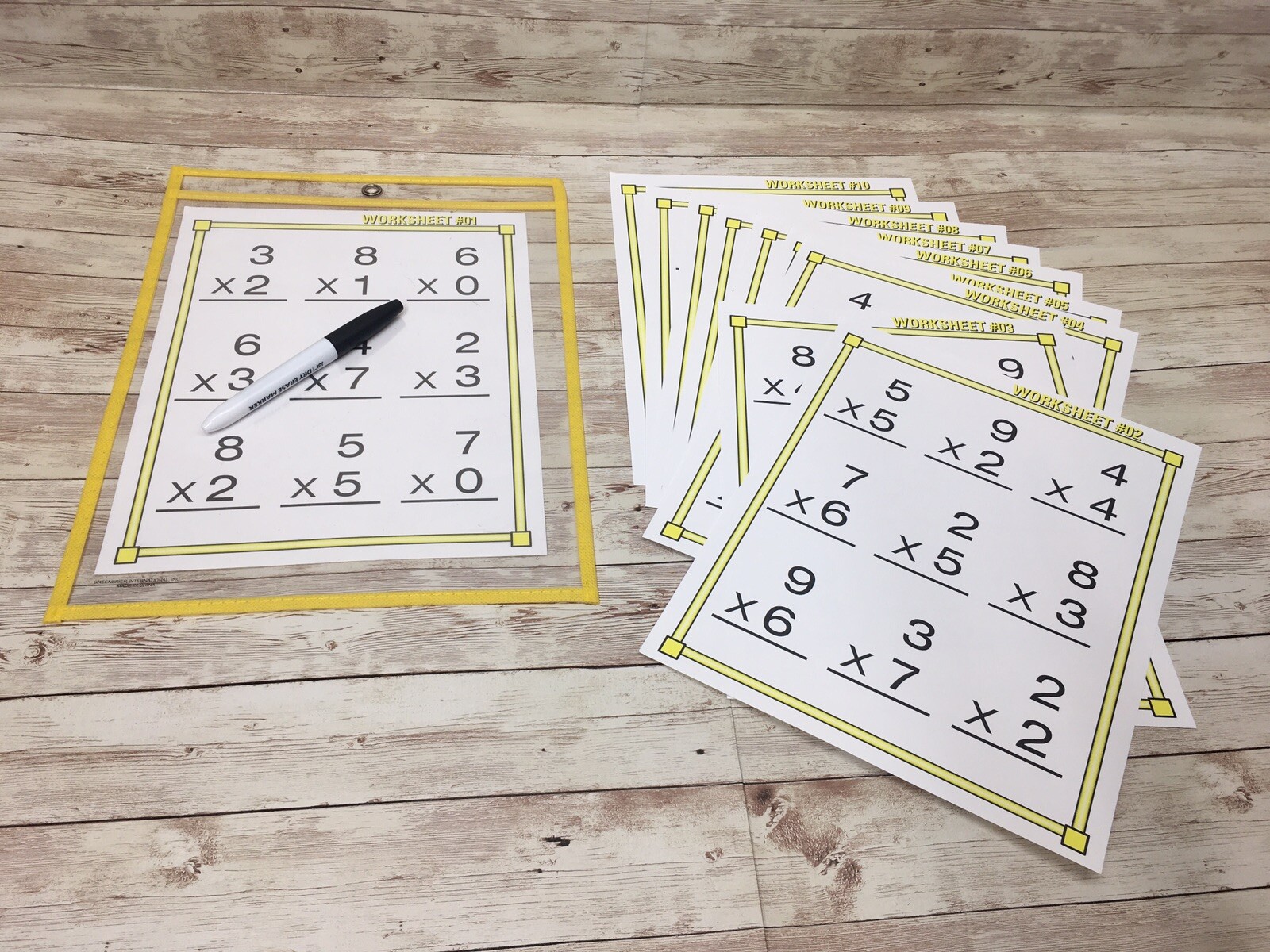 MULTIPLICATION FACTS KIT – 10 Worksheets – with Reusable Dry Erase Pocket