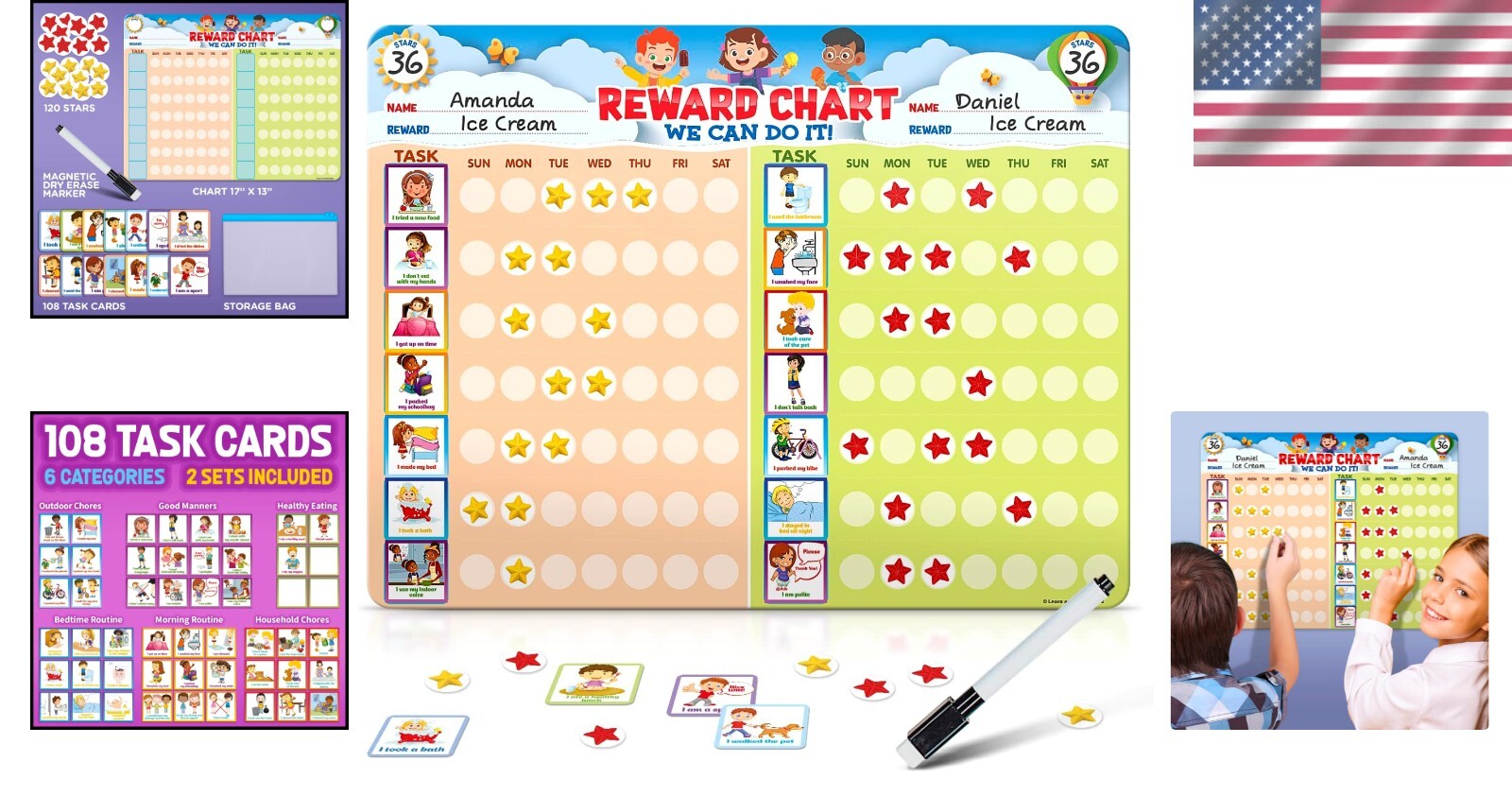 Educational Magnetic Chore Chart for 2 Children with Dry Erase Functionality