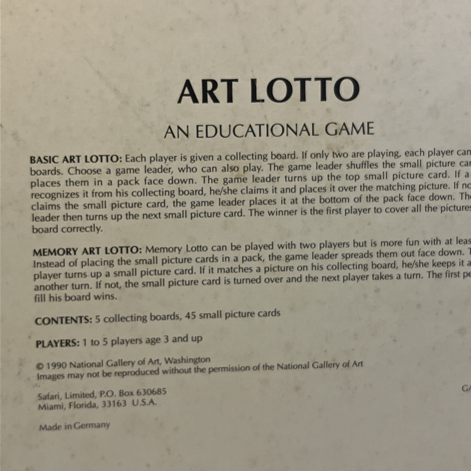 Art Lotto Memory Matching Game National Gallery of Art Washington Complete 1990