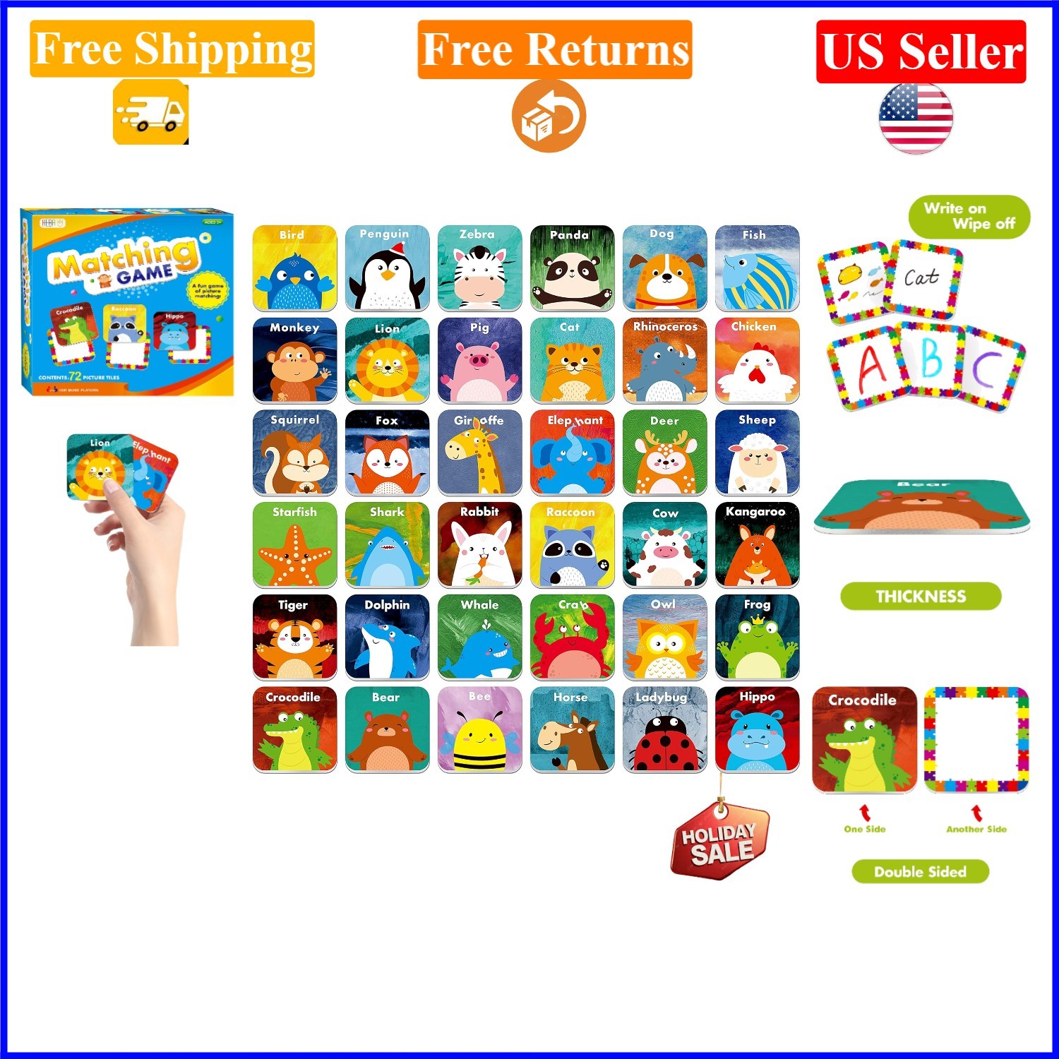 36-Pair Cartoon Animal Matching Flash Cards for Kids, 72 Pcs, Erasable, 2×2 i…