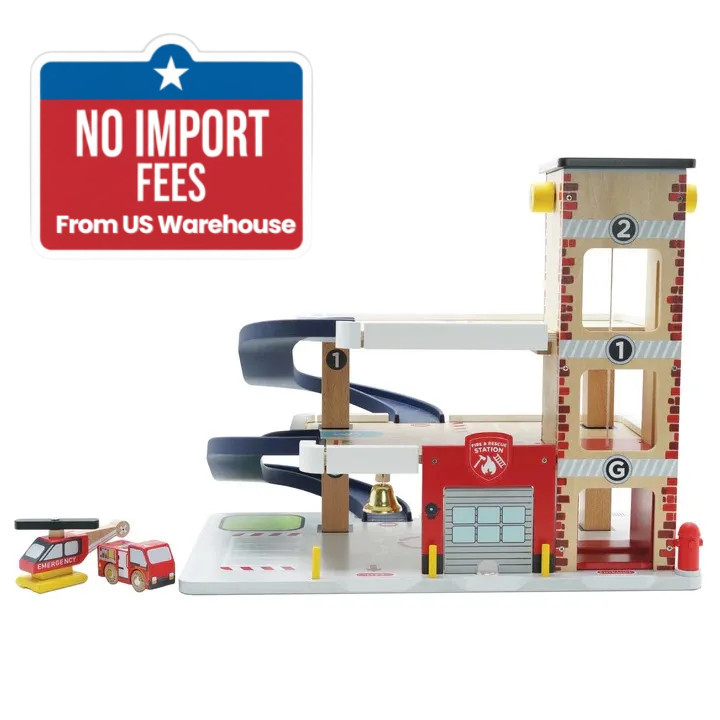Le Toy Van Fire & Rescue Garage Set Wooden Toy Fire Engine Helicopter 15.7″