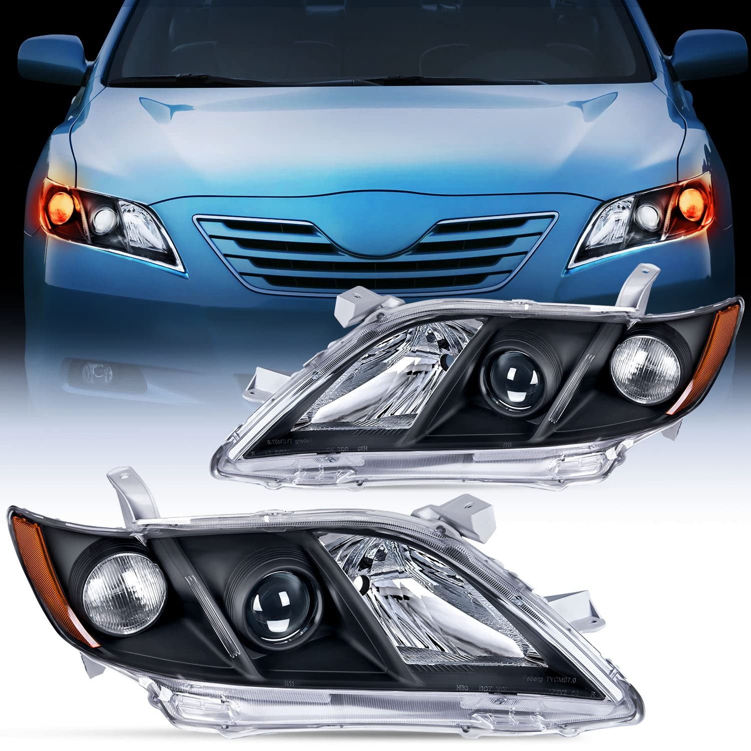 Headlight Assembly for 2007-2009 Toyota Camry Black Housing Amber Reflector