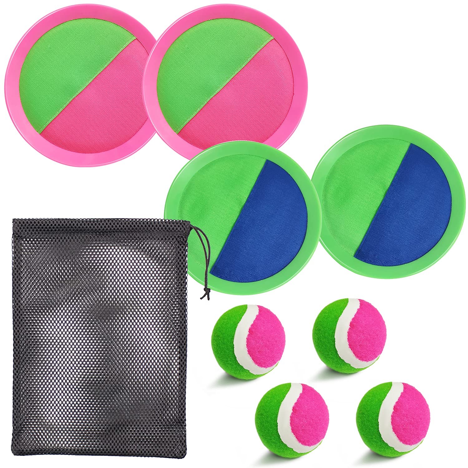 Jalunth Ball Catch Set Game Paddle – Beach Toys Medium, Green+pink 4 Pack