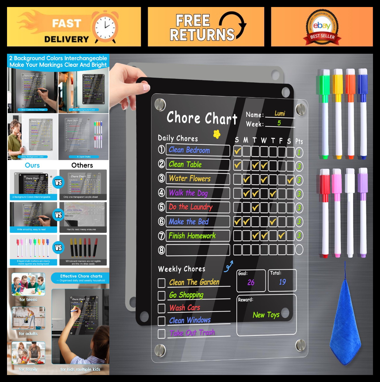 Acrylic Magnetic Chore Chart for Kids & Adults – Dry Erase Reward Board, 12″x9.5