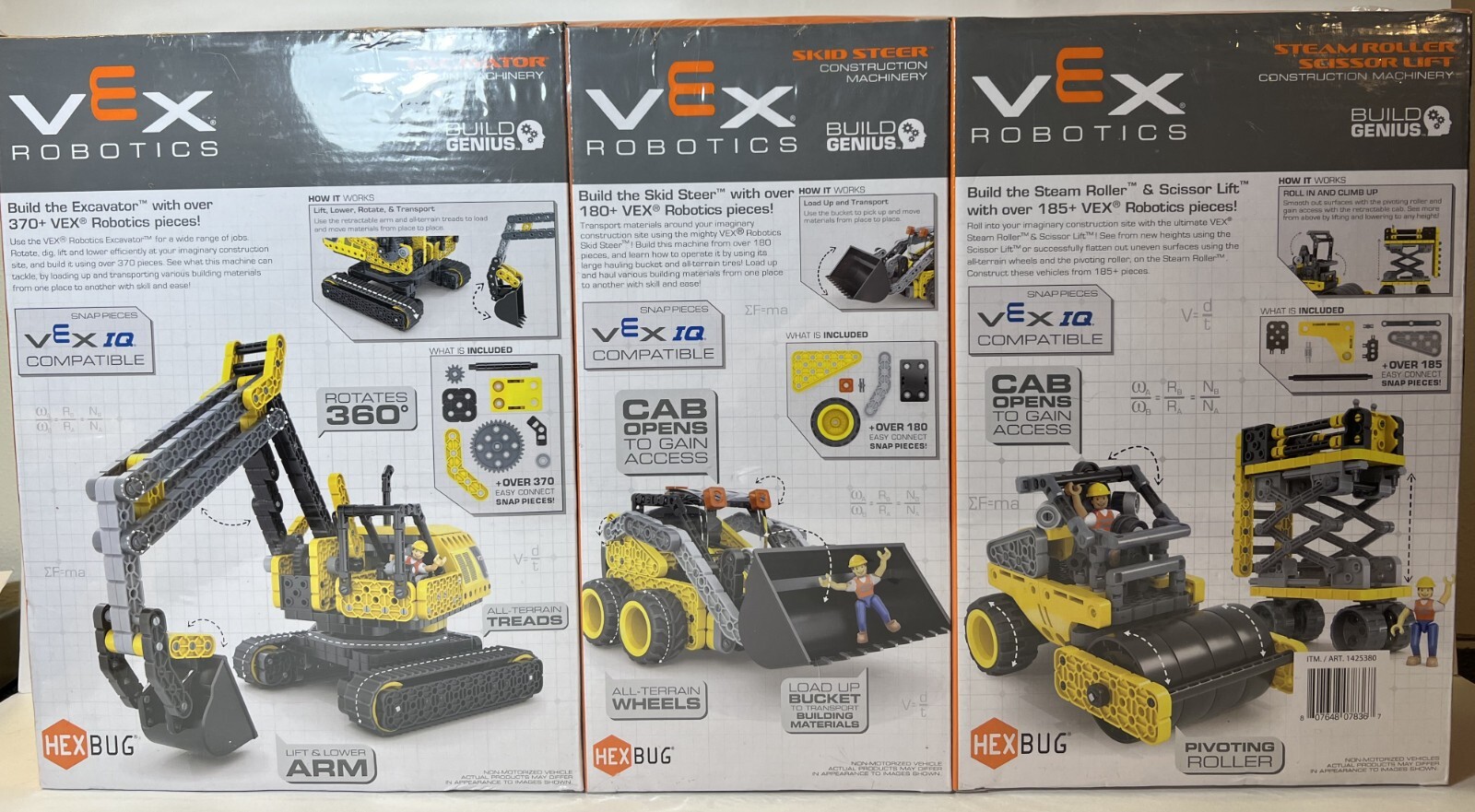 Hexbug Vex Robotic 3 Pack Construction Machinery Set Roller Skid Steer Excavator