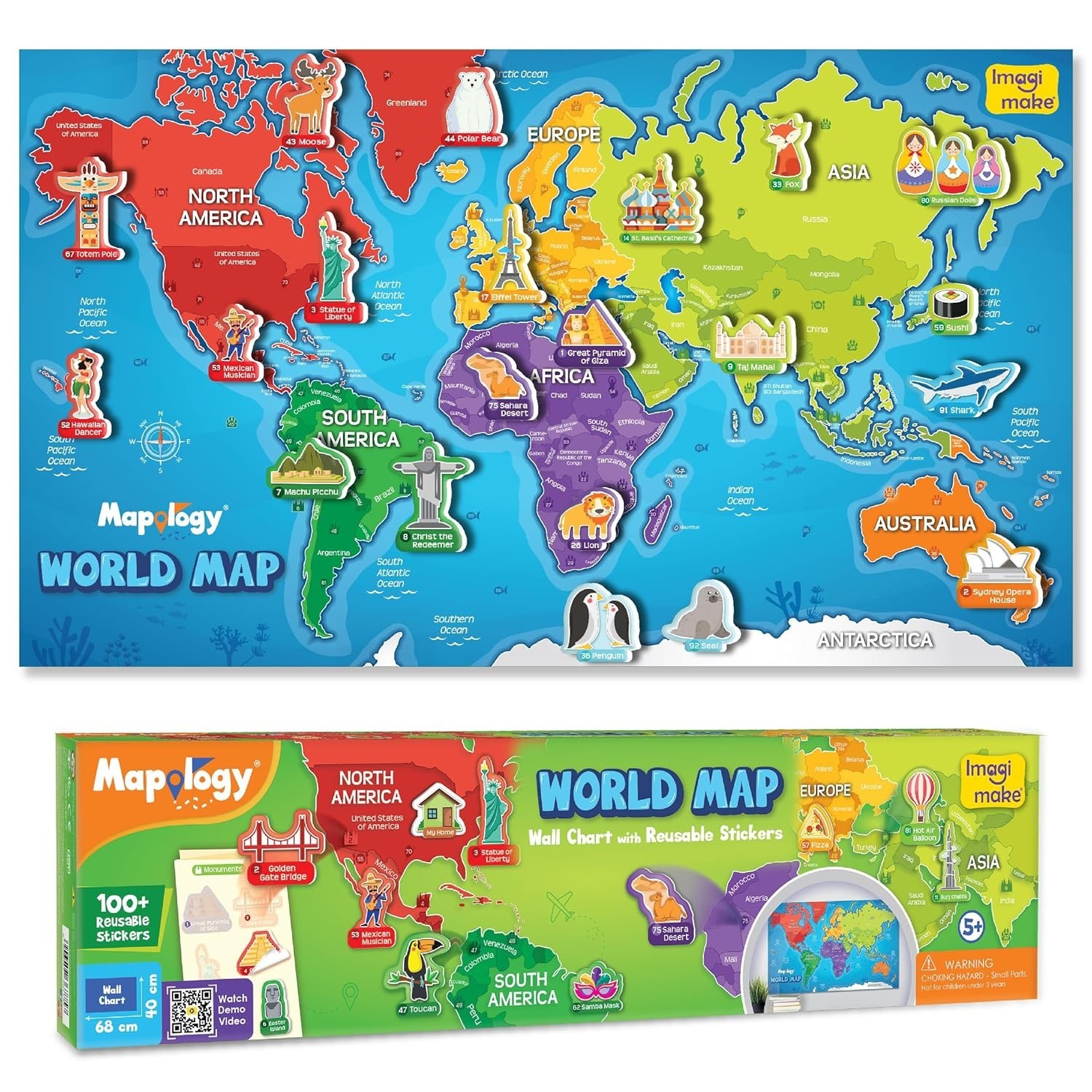 Imagimake Mapology World Map with Reusable Stickers | Educational Toy | Learning